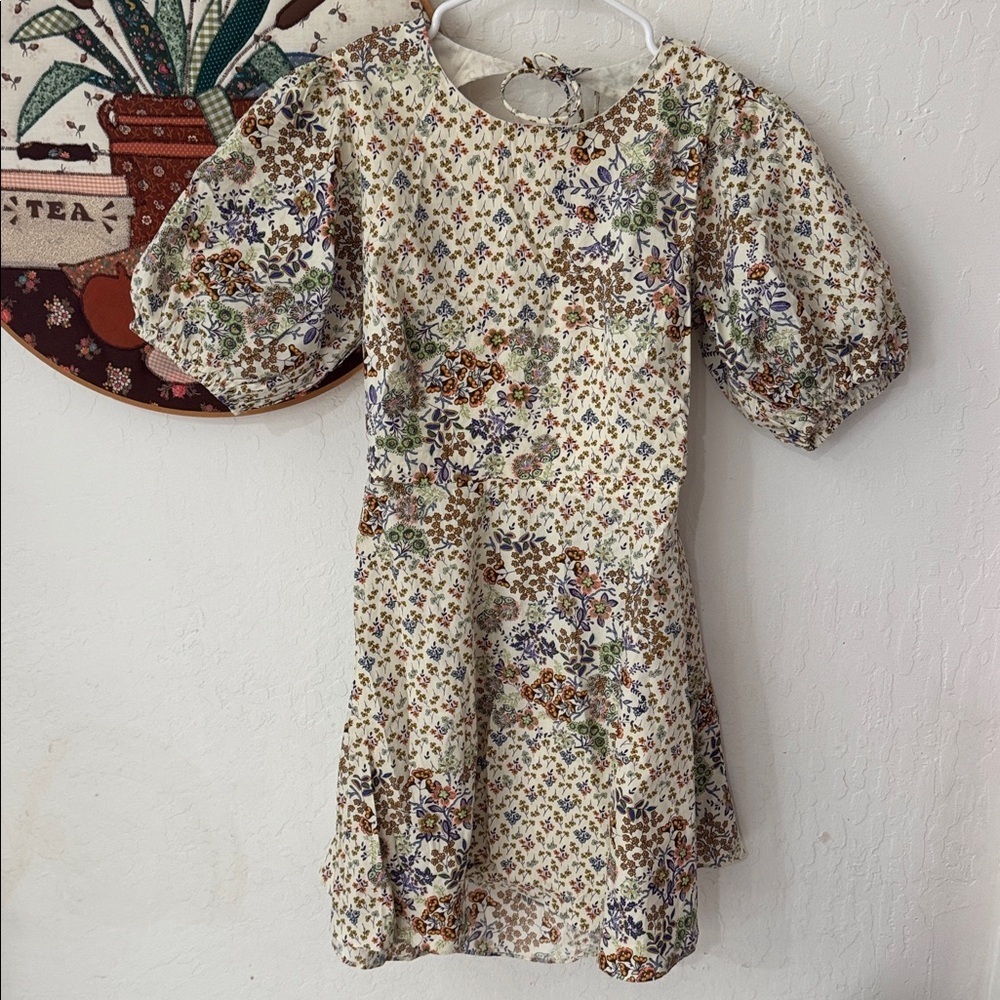 Olivaceous Floral Cream Purple Pink Orange Green Baby Doll Puff Sleeve Mini M - Picture 5 of 6